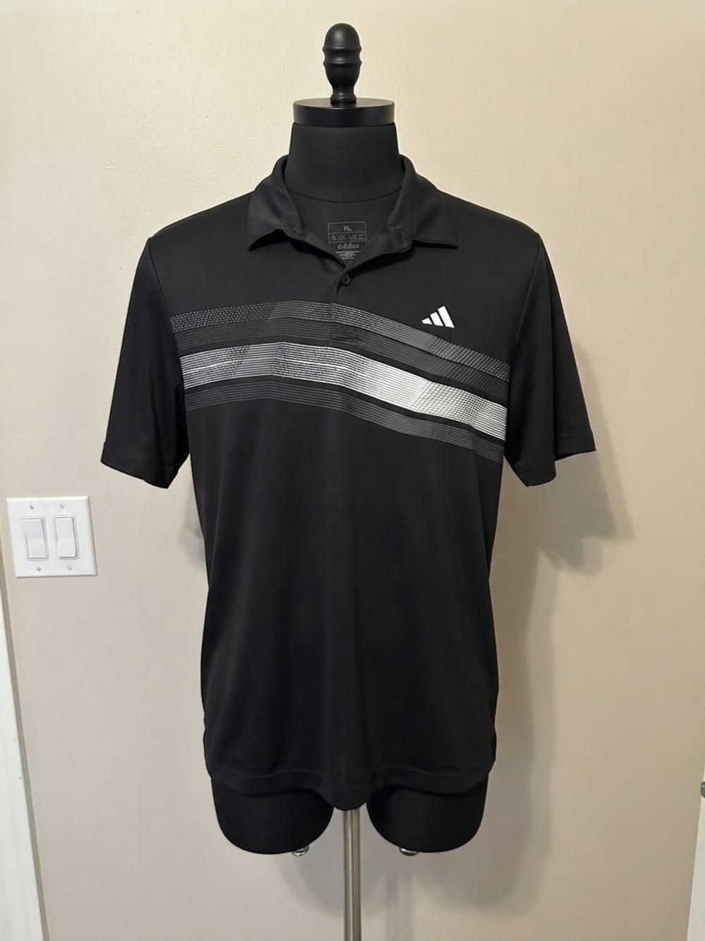 adidas Men’s Black Polo with Silver and Gray Chevron Stripes